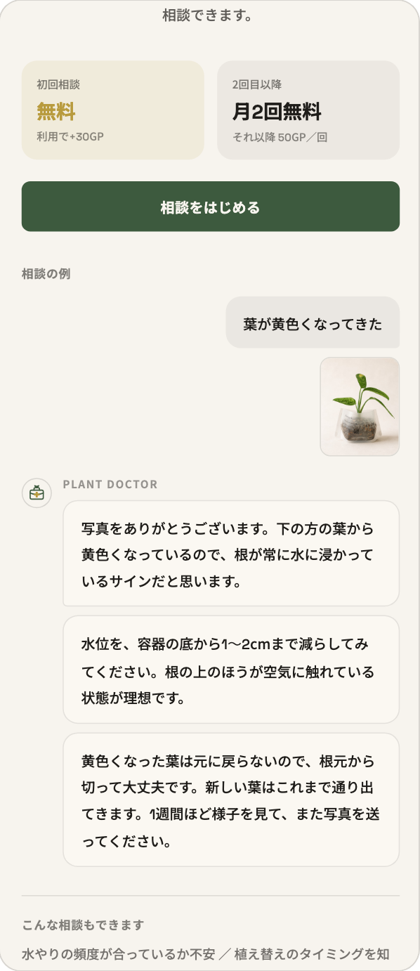 プラントドクターの画面。葉が黄色くなってきたという相談の写真に、水位を下げるよう答えが返っている