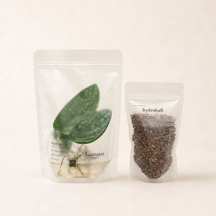 半透明のパウチに入った植物と、ハイドロボールの袋
