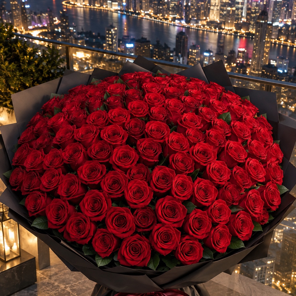 夜景を背にした108本の深紅のバラの花束（AIで作成したイメージ）